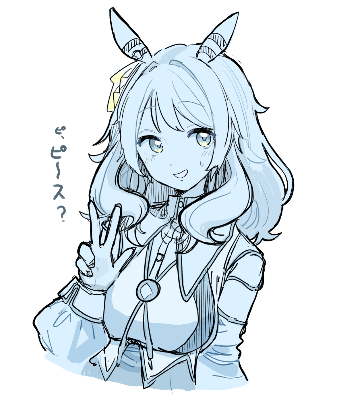 hishi miracle (umamusume), umamusume, highres, 1girl, animal ears, breasts, collared dress, detached sleeves, dress, ear covers, gem, hair ornament, horse ears, horse girl, ma rio, medium breasts, medium hair, monochrome, parted lips, sketch, smile, solo, spot color, sweatdrop, upper body, w, white background