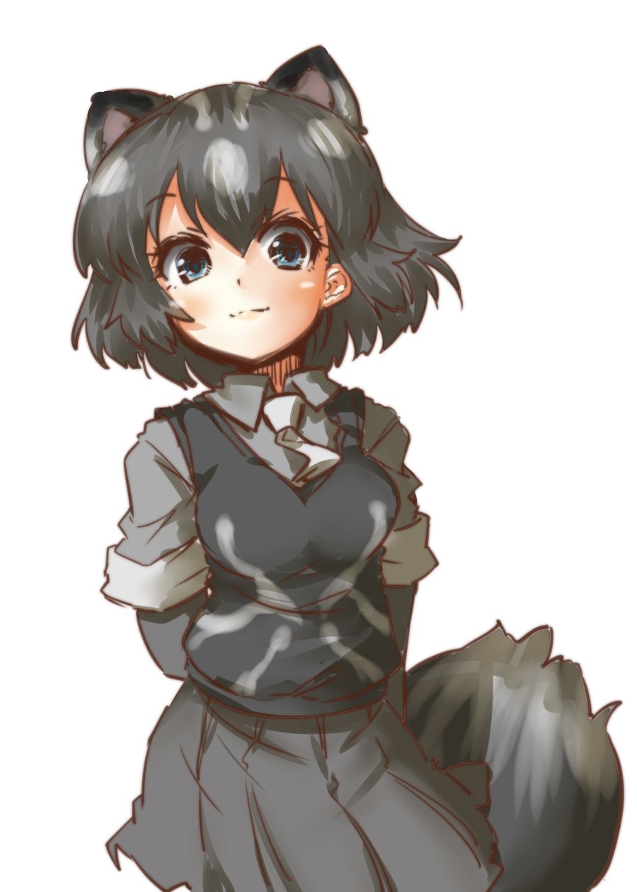 tikano, spotted skunk (kemono friends), kemono friends, commentary request, highres, 1girl, animal ears, black eyes, black gloves, black hair, black skirt, black vest, blush, breasts, closed mouth, collared shirt, cowboy shot, elbow gloves, extra ears, gloves, grey shirt, hair between eyes, large breasts, looking at viewer, multicolored hair, necktie, pleated skirt, shirt, short hair, short sleeves, simple background, skirt, skunk ears, skunk girl, skunk tail, smile, solo, tail, two-tone hair, vest, white background, white hair, white necktie