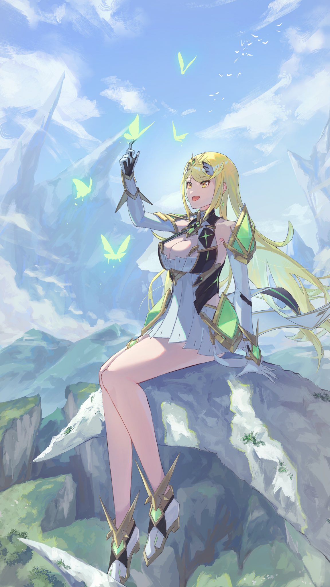 re (pixiv 89203939), mythra (xenoblade), xenoblade chronicles (series), xenoblade chronicles 2, commission, highres, vgen commission, 1girl, bare shoulders, blonde hair, blue sky, breasts, bug, butterfly, chest jewel, cleavage, cloud, core crystal (xenoblade), dress, earrings, elbow gloves, floating earrings, gem, gloves, headpiece, insect, jewelry, landscape, large breasts, legs, long hair, microdress, open mouth, outdoors, shoes, sitting, sky, smile, swept bangs, tiara, very long hair, white dress, white gloves, yellow eyes