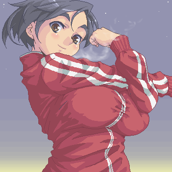 sanemichi hajime, lowres, breasts, huge breasts, oekaki, solo, stretching, track suit