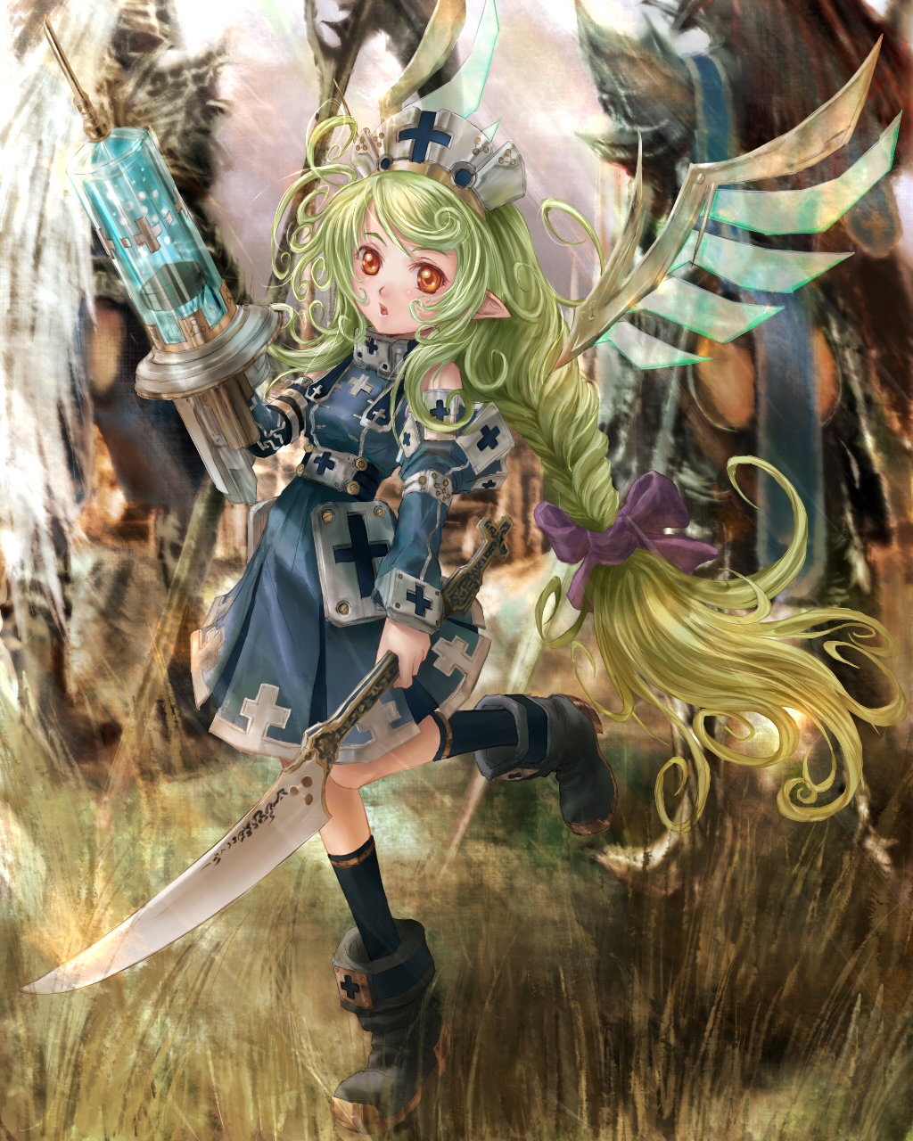 phase, original, bad id, bad pixiv id, highres, braid, green hair, pointy ears, solo, sword, syringe, weapon, wings