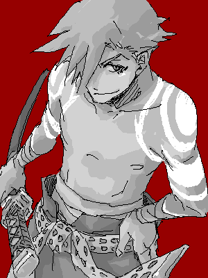 kamina (ttgl), tengen toppa gurren lagann, lowres, 00s, 1boy, bandages, bodypaint, katana, male focus, monochrome, oekaki, red background, red theme, solo, sword, tattoo, topless male, weapon