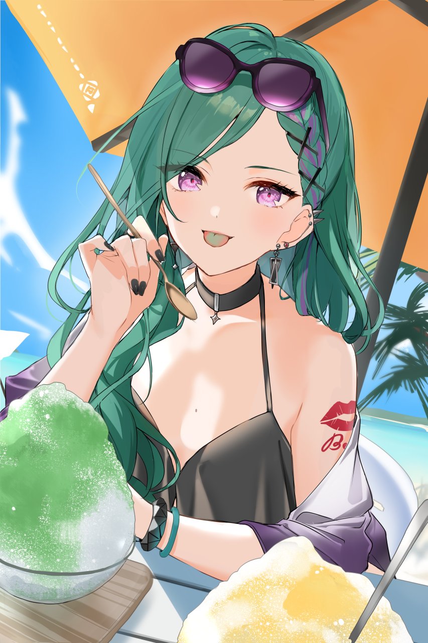 yakumo beni, vspo!, highres, second-party source, 1girl, :p, bare shoulders, black choker, black nails, breasts, choker, colored tongue, ear piercing, eyewear on head, food, green hair, hair behind ear, kedachic, long hair, looking at viewer, mole, mole on breast, multicolored hair, off shoulder, outdoors, piercing, purple eyes, purple hair, shaved ice, sitting, sky, solo, sunglasses, swept bangs, tongue, tongue out, virtual youtuber