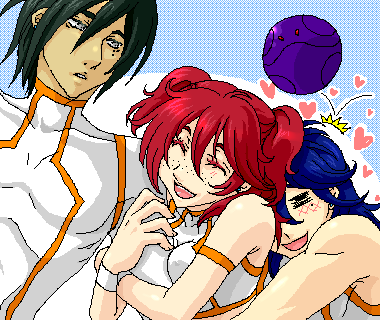 bad haro, haro, johann trinity, michael trinity, nena trinity, gundam, gundam 00, lowres, 00s, 1girl, 2boys, brother and sister, brothers, freckles, multiple boys, oekaki, red hair, siblings, two side up