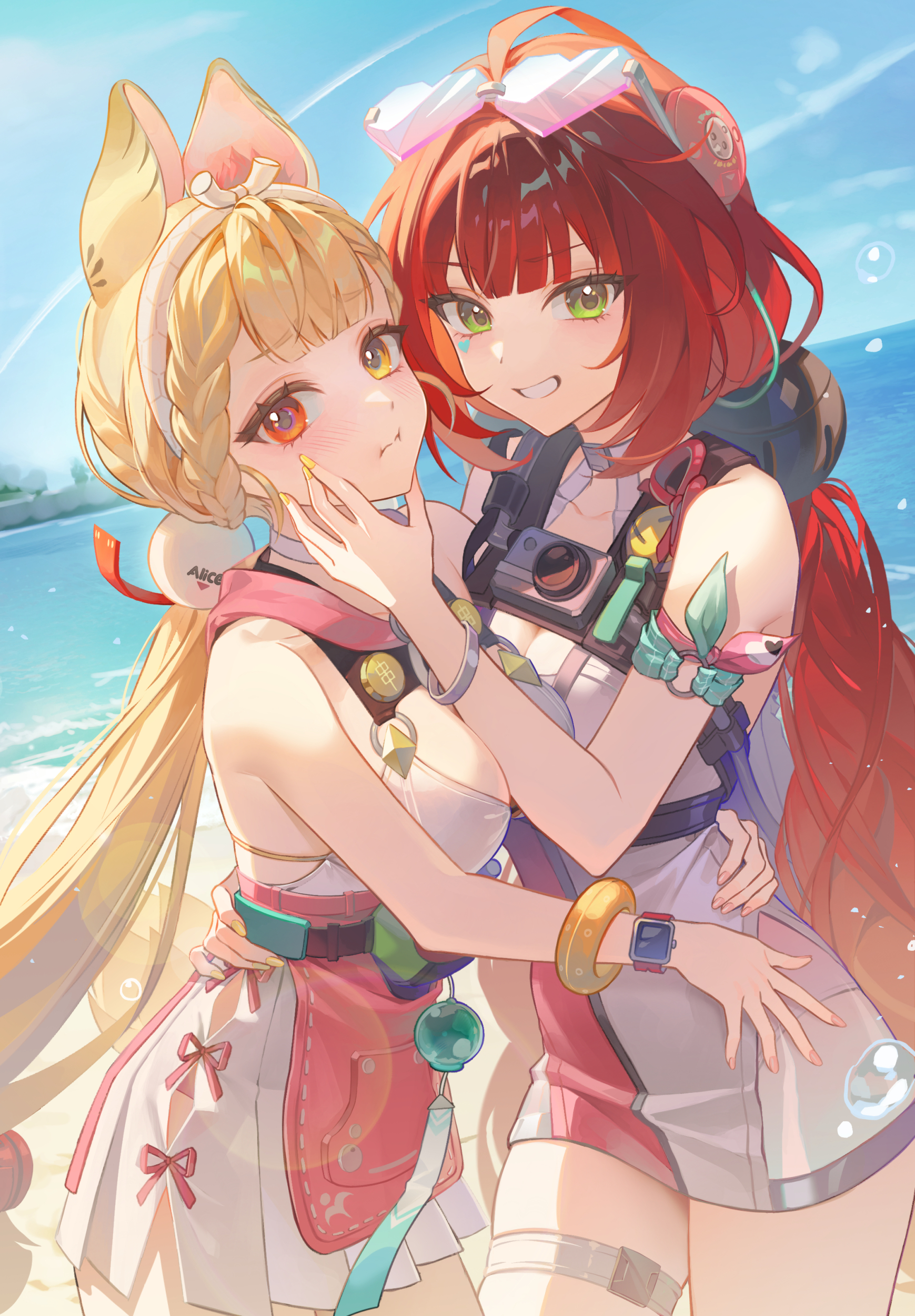 ongya, alice thymefield, alice thymefield (sea of thyme), ukinami yuzuha, ukinami yuzuha (tanuki in broad daylight), zenless zone zero, absurdres, commentary, highres, 2girls, :i, bare shoulders, blonde hair, eyewear on head, green eyes, grin, heterochromia, light blush, long hair, looking at viewer, multiple girls, official alternate costume, red eyes, red hair, smile, sunglasses, thighs, yellow eyes, yuri