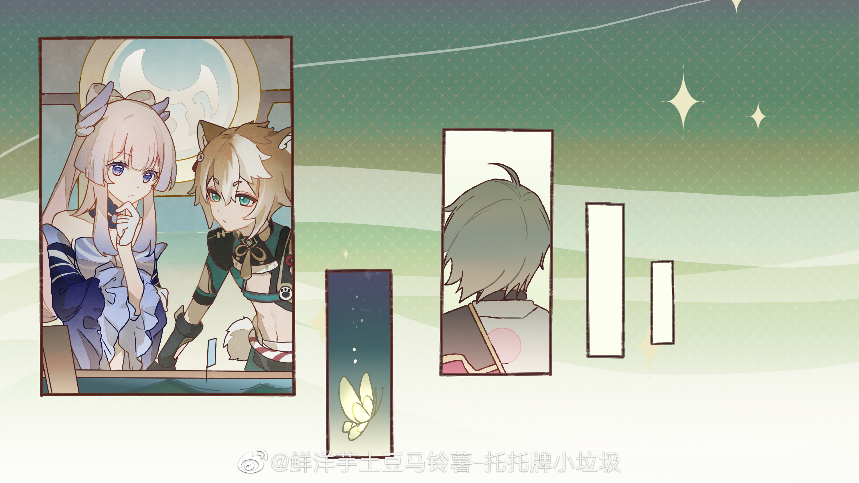 xianyangyutoumalingshu, gorou (genshin impact), sangonomiya kokomi, genshin impact, chinese commentary, highres, 1girl, 2boys, animal ears, back, bare shoulders, blonde hair, blue dress, blunt bangs, brown hair, bug, butterfly, cloud, cloudy sky, collarbone, couple, crop top, detached collar, dog boy, dog ears, dress, eyeliner, friends, frilled dress, frilled sleeves, frills, from behind, gloves, gradient background, gradient hair, green background, green eyes, hair between eyes, hair ornament, hand on own chin, head tilt, insect, long hair, long sleeves, looking down, looking to the side, makeup, multicolored hair, multiple boys, navel, off shoulder, pink hair, purple eyes, red eyeliner, short hair, sky, stomach, white gloves, wide sleeves