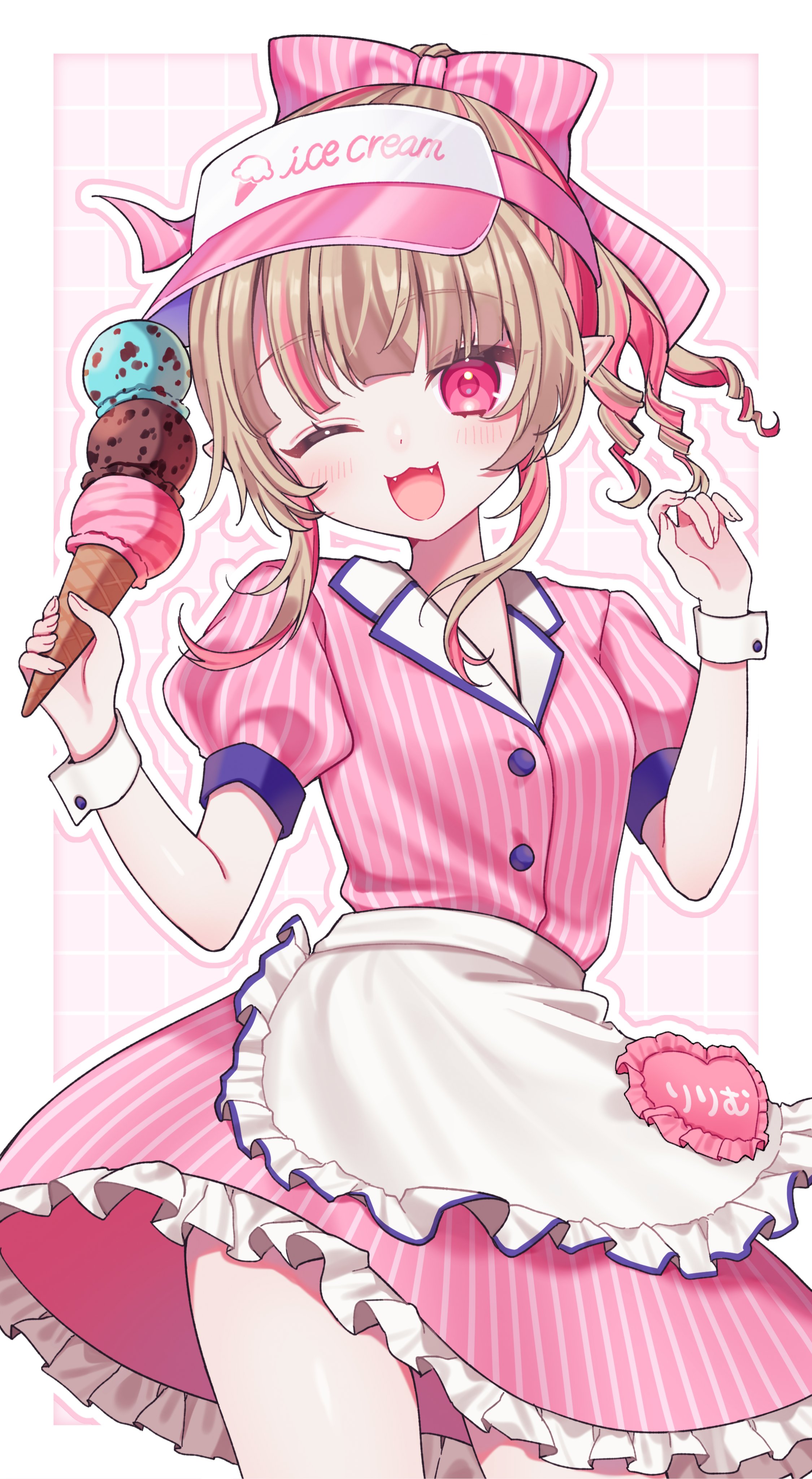 hgrmfoods, makaino ririmu, nijisanji, absurdres, highres, 1girl, :3, apron, back bow, blue sleeve cuffs, blue trim, blunt bangs, blush, border, bow, breasts, colored inner hair, cowboy shot, drill hair, drill ponytail, fangs, food, frilled skirt, frills, grey hair, grid background, hair over shoulder, heart, holding, holding food, holding ice cream, holding ice cream cone, ice cream, ice cream cone, jacket, lapels, miniskirt, multicolored hair, multiple scoops, name tag, official alternate costume, official alternate hairstyle, one eye closed, open mouth, outline, outside border, pink background, pink bow, pink hair, pink jacket, pink skirt, pointy ears, puffy short sleeves, puffy sleeves, red eyes, short sleeves, sidelocks, skirt, small breasts, smile, solo, standing, streaked hair, striped bow, striped clothes, striped jacket, striped skirt, thighs, vertical-striped bow, vertical-striped clothes, vertical-striped jacket, vertical-striped skirt, virtual youtuber, visor cap, w arms, waist apron, waitress, white border, white bow, white outline, white wrist cuffs, wrist cuffs
