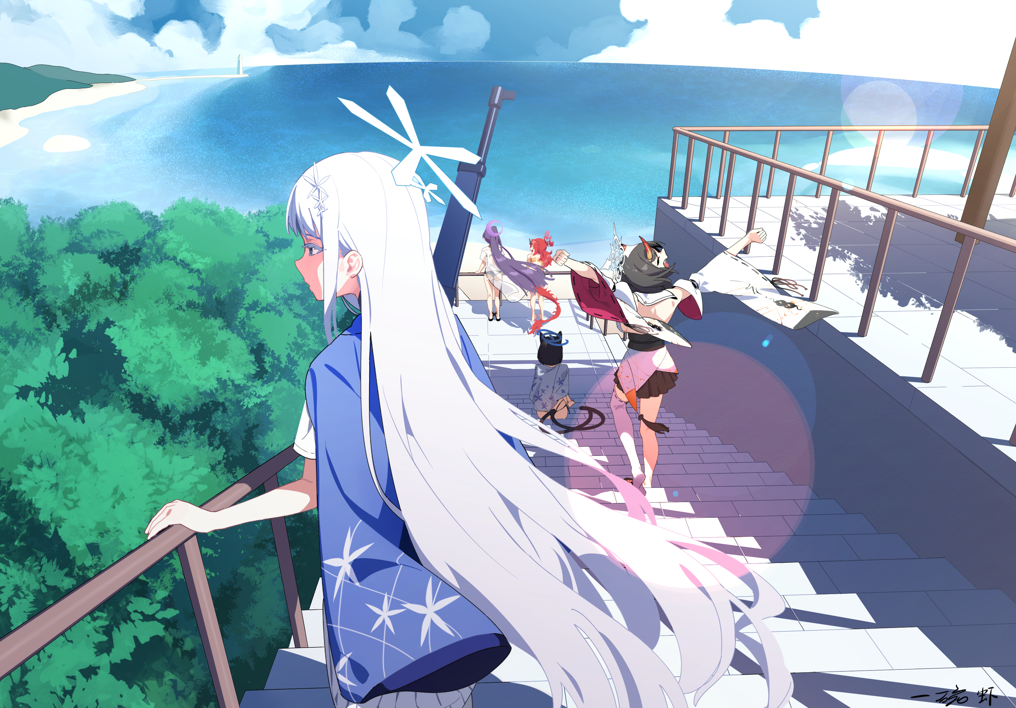 cou di di, kikyou (blue archive), kikyou (swimsuit) (blue archive), nagusa (blue archive), niya (blue archive), renge (blue archive), renge (swimsuit) (blue archive), yukari (blue archive), yukari (swimsuit) (blue archive), blue archive, absurdres, chinese commentary, commentary, highres, 5girls, animal ears, back, beach, black hair, blue halo, blue haori, blue sky, cat ears, cat girl, cat tail, clenched hands, cloud, colored eyelashes, cowboy shot, day, demon girl, demon horns, detached sleeves, dragon girl, dragon horns, dragon tail, floating hair, from behind, hair ornament, halo, haori, haori on shoulders, horizon, horns, hyakkaryouran (blue archive), japanese clothes, lens flare, long hair, long sleeves, looking to the side, miniskirt, multiple girls, multiple tails, ocean, official alternate costume, on stairs, open mouth, outdoors, outstretched arms, perspective, pleated skirt, profile, purple hair, red hair, ribbon-trimmed sleeves, ribbon-trimmed thighhighs, ribbon trim, short hair, single thighhigh, sitting, sitting on stairs, skirt, sky, snowflake hair ornament, solo focus, stairs, standing, straight hair, tail, thigh strap, thighhighs, tsurime, two tails, very long hair, white eyelashes, white hair, white halo, white thighhighs, wide sleeves, wind