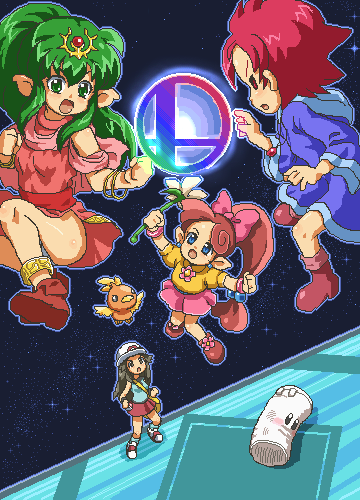 kasuga (kasuga39), kumatora, leaf (pokemon), lip (panel de pon), sandbag (smash bros), tiki (fire emblem), tiki (young) (fire emblem), torchic, fire emblem, fire emblem: mystery of the emblem, fire emblem: shadow dragon, mother (series), mother 3, nintendo, panel de pon, pokemon, pokemon frlg, super smash bros., lowres, 00s, 4girls, battle, blue eyes, blush, bow, brown hair, dress, final destination (smash bros), gen 3 pokemon, green eyes, green hair, hat, jaggy lines, long hair, matching hair/eyes, miniskirt, multiple girls, oekaki, open mouth, panties, pantyshot, pink bow, pink hair, pointy ears, pokemon (creature), porkpie hat, red eyes, red hair, short dress, short hair, skirt, smash ball, star (sky), underwear