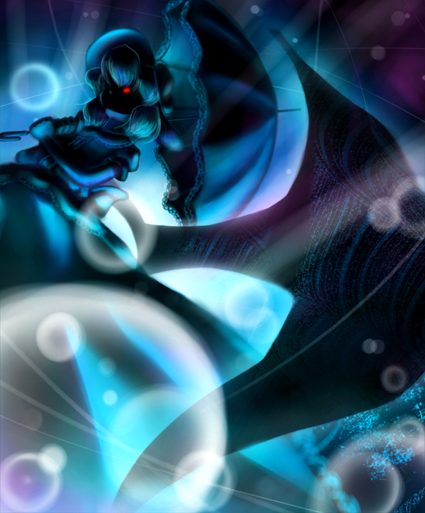 kiriumi, remilia scarlet, touhou, 1girl, bat wings, blue theme, dress, female focus, frills, looking at viewer, puffy short sleeves, puffy sleeves, red eyes, short hair, short sleeves, silhouette, solo, umbrella, vampire, wings