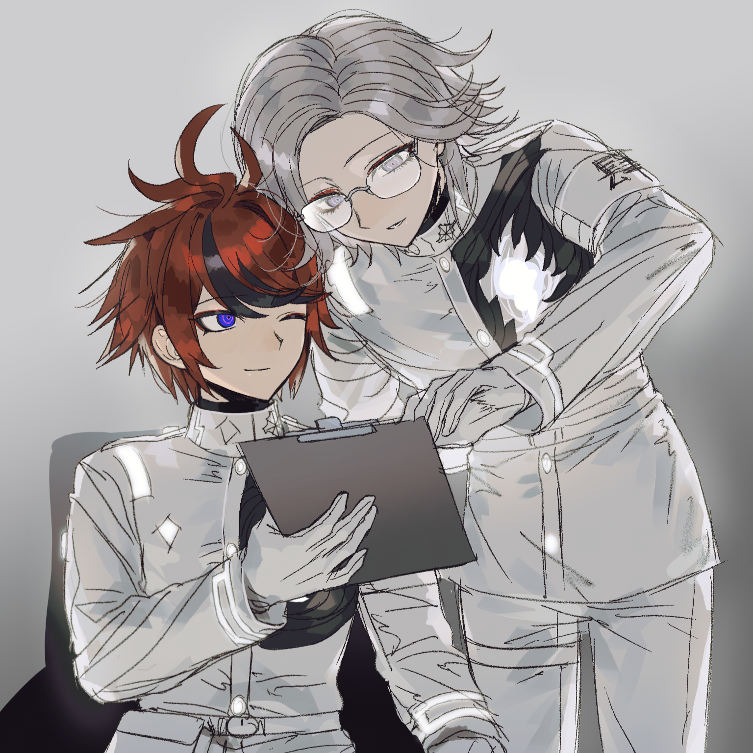 aotsuki eito, sumino takumi, the hundred line -last defense academy-, chinese commentary, commentary request, highres, 2boys, ahoge, armband, black streaks, blue eyes, chair, clipboard, eyeliner, gakuran, glasses, gloves, grey background, grey eyes, grey hair, heads together, holding, holding clipboard, hole in chest, hole on body, jacket, last defense academy school uniform, leaning forward, looking at another, looking at object, makeup, male focus, multicolored hair, multiple boys, on chair, one eye closed, outstretched arm, pants, red eyeliner, red hair, ringed eyes, school uniform, short hair, simple background, sitting, streaked hair, syuu 1125, white armband, white gloves, white jacket, white pants