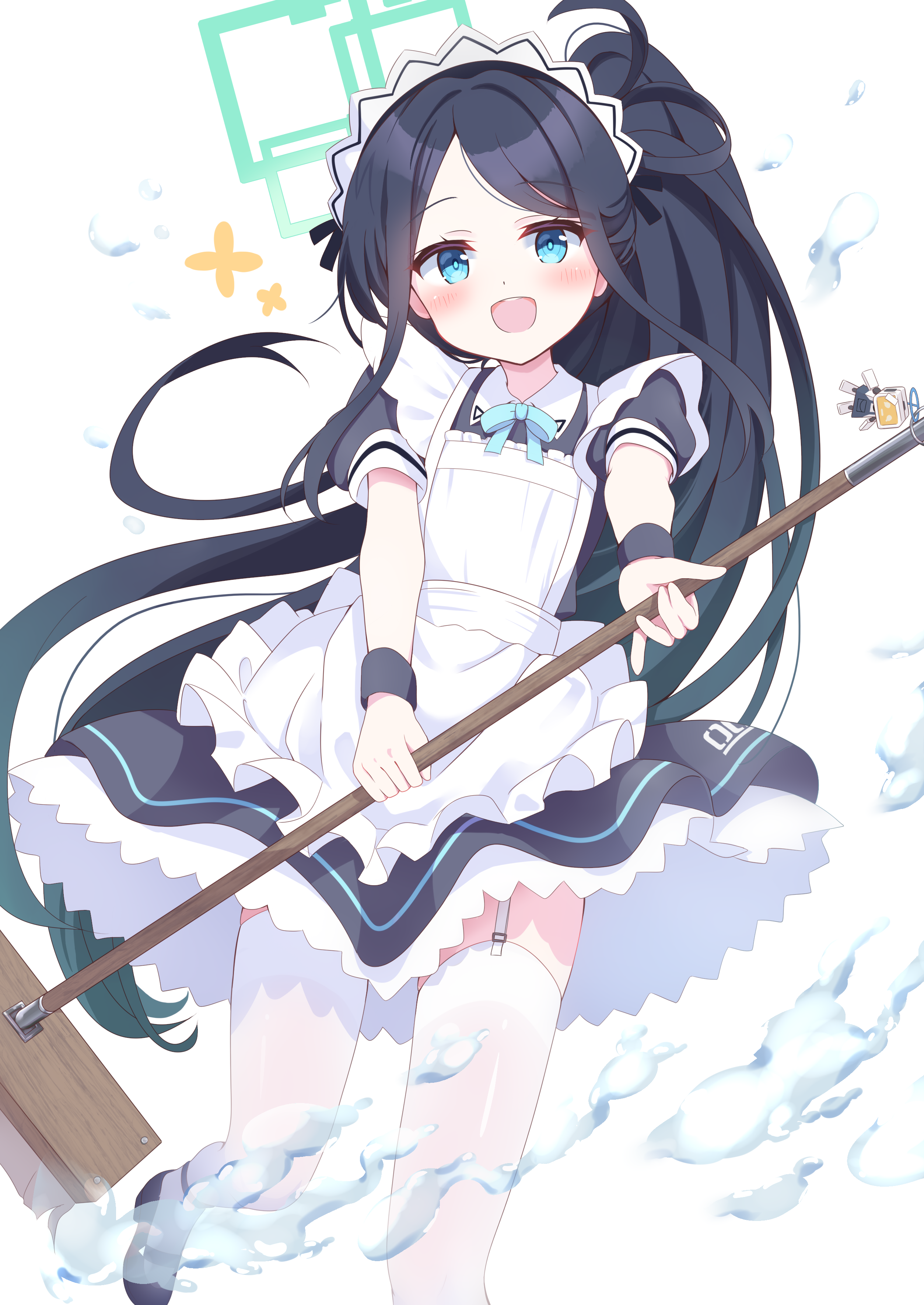 hanakoizumi yoruno, aris (blue archive), aris (maid) (blue archive), kei (robot) (blue archive), blue archive, absurdres, commentary request, highres, 1girl, apron, aqua eyes, aqua ribbon, black dress, black hair, black shoes, black wrist cuffs, blue eyes, blush, dress, foot out of frame, frilled apron, frills, garter straps, halo, holding, holding mop, long hair, looking at viewer, maid, maid apron, maid headdress, mary janes, mop, neck ribbon, official alternate costume, official alternate hairstyle, open mouth, petticoat, ponytail, puffy short sleeves, puffy sleeves, ribbon, shoes, short sleeves, simple background, smile, solo, teeth, thighhighs, upper teeth only, very long hair, water, white apron, white background, white thighhighs, wrist cuffs