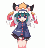 usoneko, shiki eiki, touhou, animated, animated gif, lowres, caramelldansen, female focus, green hair, hat, skirt, solo