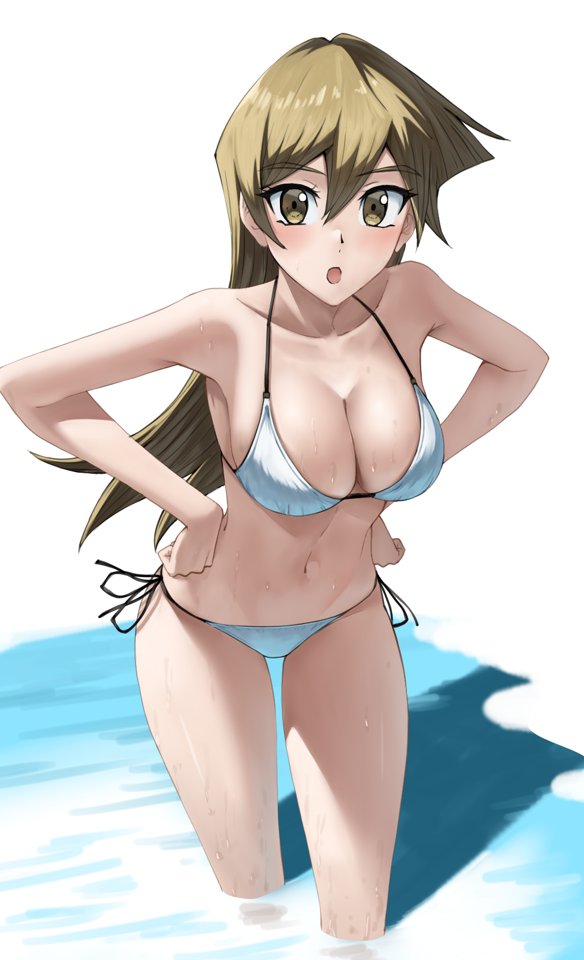 rourou ill, tenjouin asuka, yu-gi-oh!, yu-gi-oh! gx, 1girl, bikini, blonde hair, breasts, brown eyes, hair between eyes, large breasts, long hair, looking at viewer, navel, open mouth, simple background, solo, swimsuit