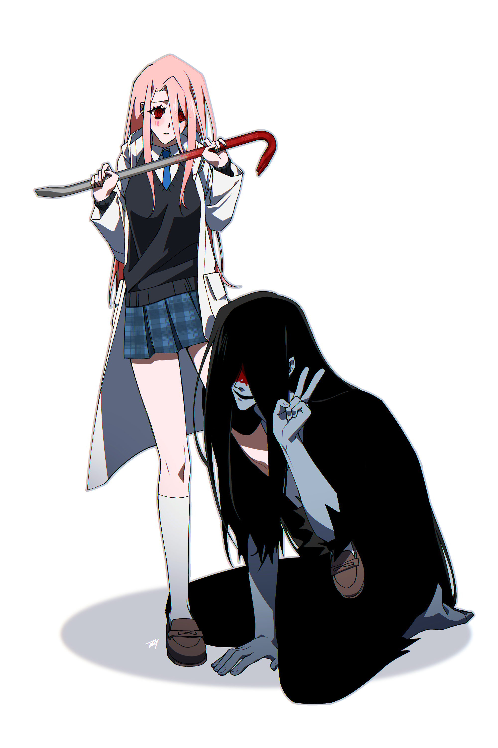 bbabbamis2, adashino adami, mr. crawling, homicipher, absurdres, commentary request, highres, korean commentary, 1boy, 1girl, black hair, black kimono, black sweater, blood, blood on face, bloody weapon, coat, crowbar, full body, holding, holding crowbar, japanese clothes, kimono, long hair, open clothes, open coat, pink hair, raincoat, red eyes, ringed eyes, school uniform, simple background, skirt, sweater, v, very long hair, weapon, white background, white raincoat