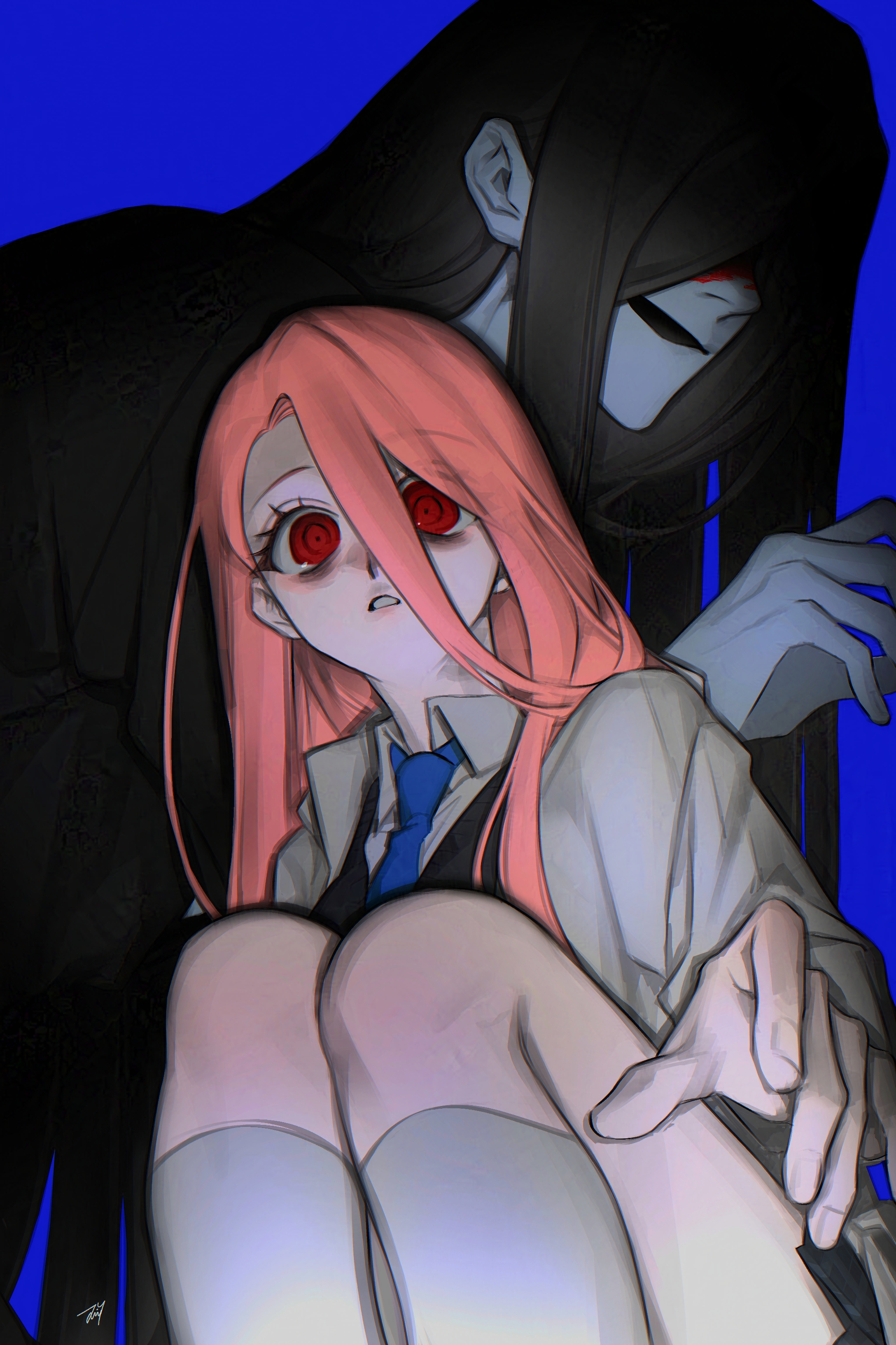 bbabbamis2, adashino adami, mr. crawling, homicipher, absurdres, highres, 1boy, 1girl, black hair, black kimono, blood, blood on face, blue background, coat, japanese clothes, kimono, kneehighs, knees up, long hair, looking at viewer, open clothes, open coat, pink hair, raincoat, red eyes, ringed eyes, school uniform, simple background, sitting, socks, very long hair