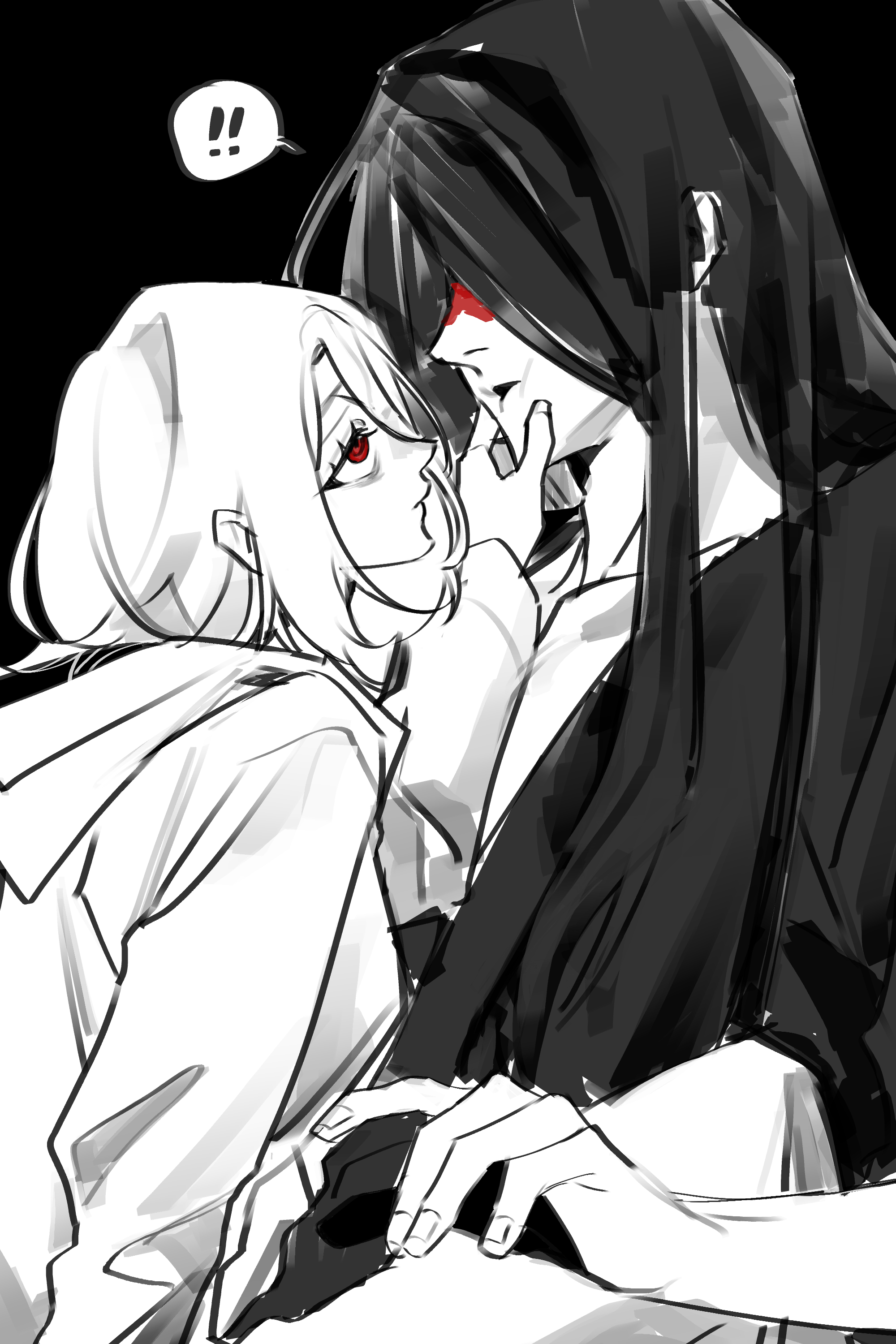 bbabbamis2, adashino adami, mr. crawling, homicipher, absurdres, commentary request, highres, korean commentary, !, !!, 1boy, 1girl, black background, blood, blood on face, cheek squash, hetero, hood, hood up, japanese clothes, kimono, long hair, looking at another, raincoat, red eyes, ringed eyes, short hair, simple background, sitting, sitting on lap, sitting on person, spot color, very long hair