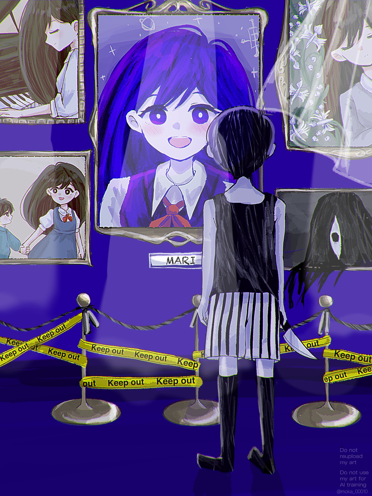 mari (faraway) (omori), mari (headspace) (omori), mari (omori), omori (omori), something (omori), sunny (omori), omori, highres, 1boy, :d, antenna hair, arms at sides, bare arms, bare shoulders, black eyes, black hair, black shorts, black socks, blue dress, character name, chromatic aberration, closed eyes, closed mouth, collared shirt, colored skin, double-parted bangs, dress, egret orchid, english text, field, flower, flower field, full body, grand piano, hair behind ear, hair between eyes, holding, holding hands, holding knife, indoors, instrument, kneehighs, knife, long hair, looking at viewer, lying, medium dress, moka 00010, music, neckerchief, no shoes, on back, open mouth, piano, pinafore dress, playing instrument, playing piano, portrait (object), puffy short sleeves, puffy sleeves, purple eyes, purple hair, purple sweater vest, red neckerchief, shirt, short hair, short sleeves, shorts, sleeveless, sleeveless dress, smile, socks, sparkle, spotlight, standing, striped clothes, striped shorts, sweater vest, swept bangs, teeth, two-tone shorts, u u, upper teeth only, vertical-striped clothes, vertical-striped shorts, white flower, white shirt, white shorts, white skin