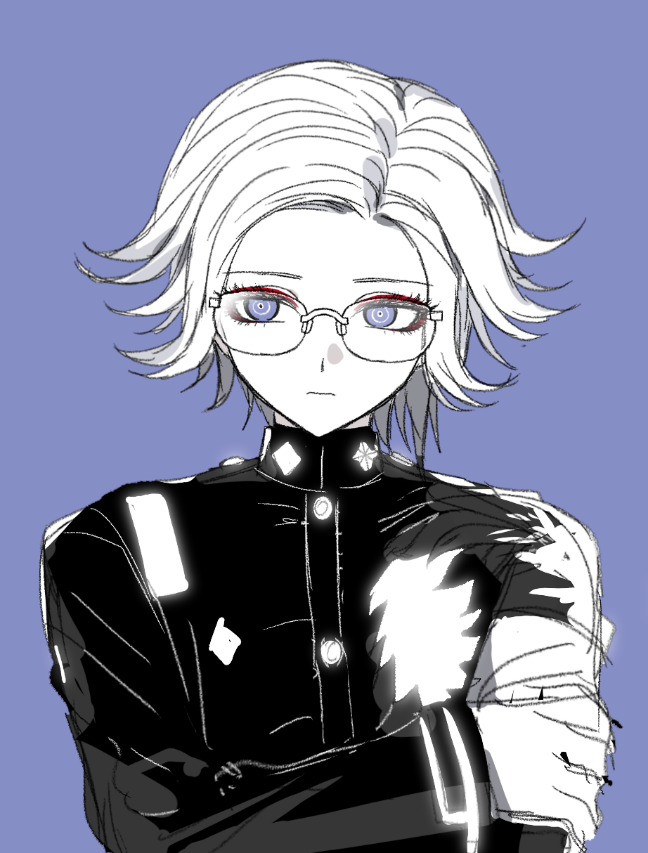 aotsuki eito, the hundred line -last defense academy-, chinese commentary, commentary request, highres, 1boy, armband, eyeliner, frown, gakuran, glasses, greyscale with colored background, hand on own arm, jacket, last defense academy school uniform, makeup, male focus, purple background, purple eyes, red eyeliner, ringed eyes, school uniform, short hair, solo, spot color, syuu 1125, upper body