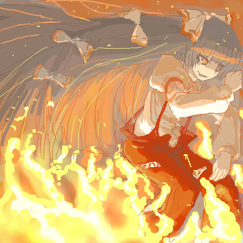96, nannaru (nananana), fujiwara no mokou, touhou, lowres, 1girl, female focus, fire, long hair, solo, very long hair
