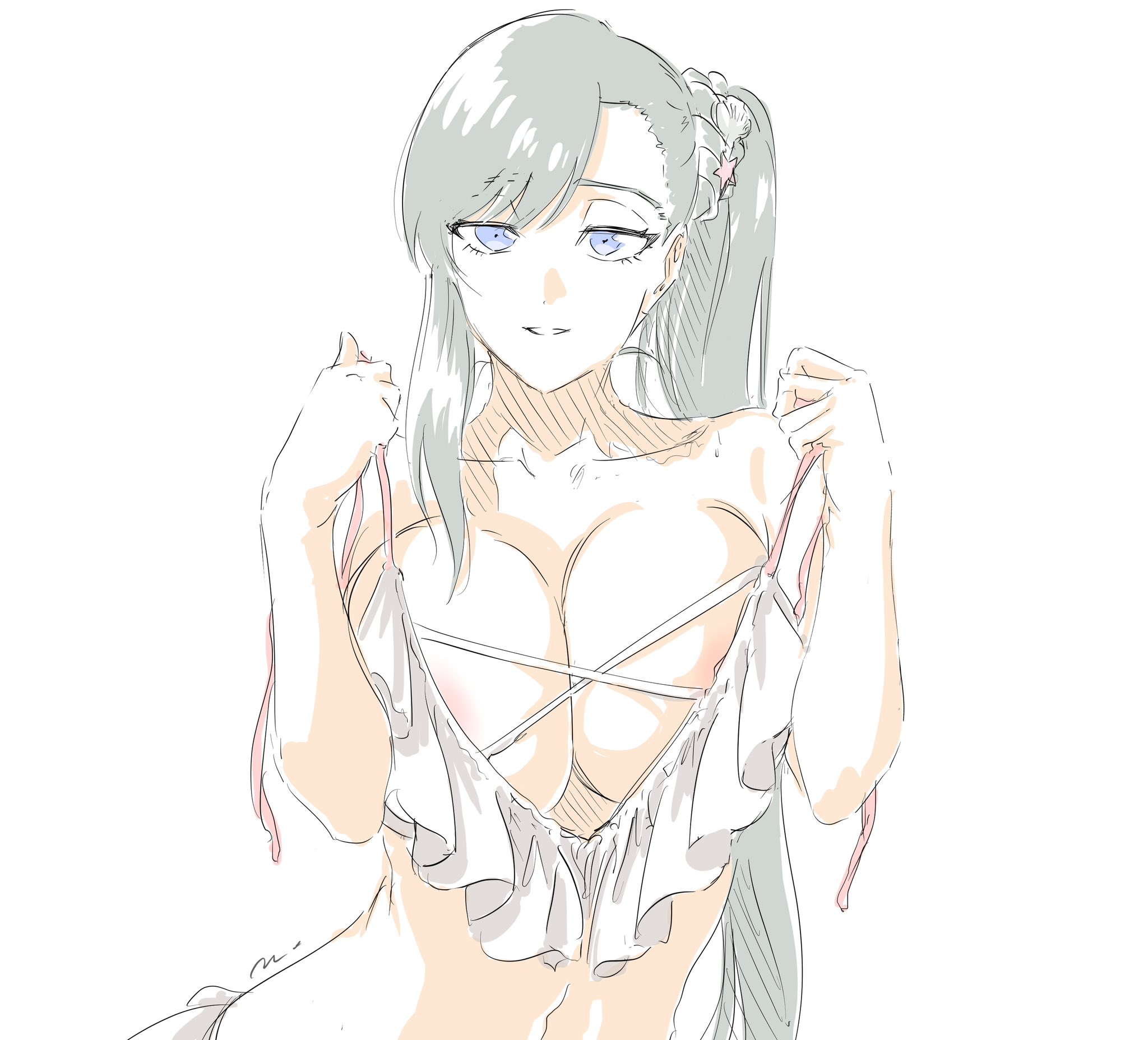 mitsugu, niihashi noel, bleach, bleach: brave souls, burn the witch, 1girl, artist name, bare shoulders, black hair, blue eyes, breasts, collarbone, female focus, large breasts, looking at viewer, official alternate costume, side ponytail, simple background, upper body, white background