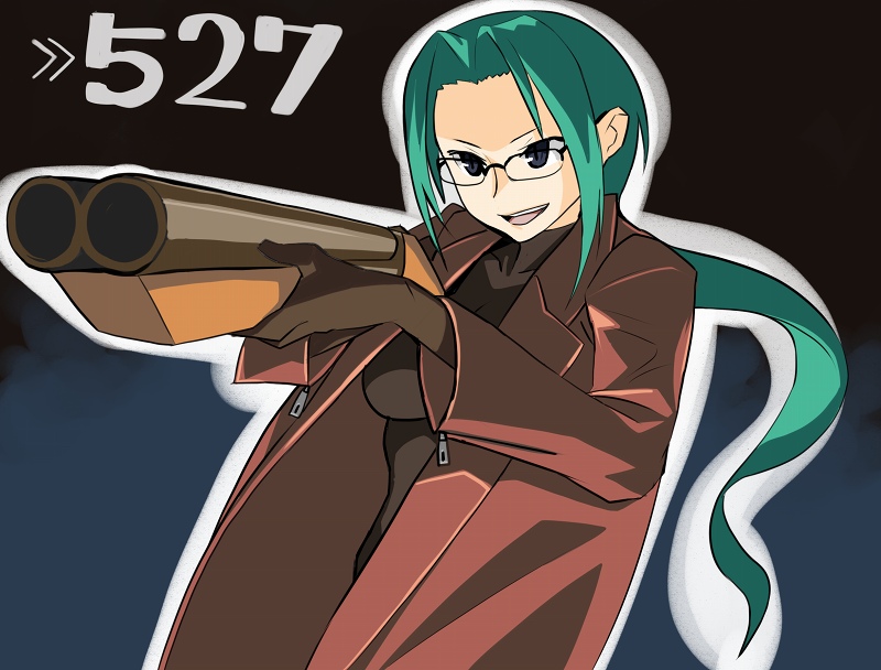forgotten artist, ryman, tanbo ryouko, nitroplus, saya no uta, 1girl, :d, aiming, arrow (symbol), black background, blue background, blue eyes, breasts, coat, cowboy shot, double-barreled shotgun, double barrels, female focus, foreshortening, from side, glasses, gloves, green hair, gun, happy, holding, holding gun, holding weapon, long hair, long sleeves, looking to the side, medium breasts, multiple-barrel gun, open clothes, open mouth, outline, ponytail, rectangular eyewear, sawed-off shotgun, shotgun, side-by-side-barreled shotgun, sidelocks, simple background, slit pupils, smile, solo, trench coat, two-tone background, very long hair, weapon, zipper