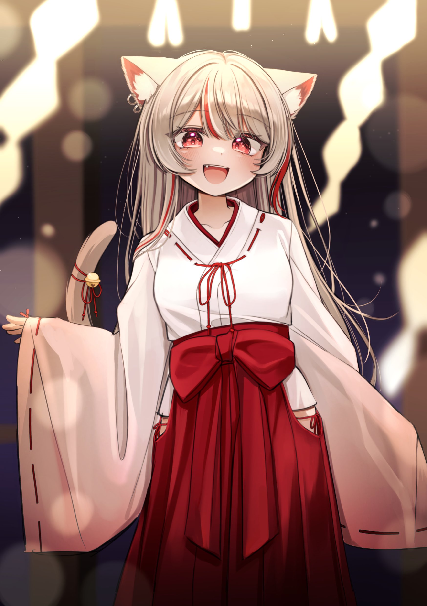 dasom, neneko mashiro, stellive, absurdres, highres, 1girl, alternate costume, animal ears, cat ears, cat girl, cat tail, grey hair, grey tail, japanese clothes, long hair, looking at viewer, miko, red skirt, shirt, skirt, solo, tail, white shirt