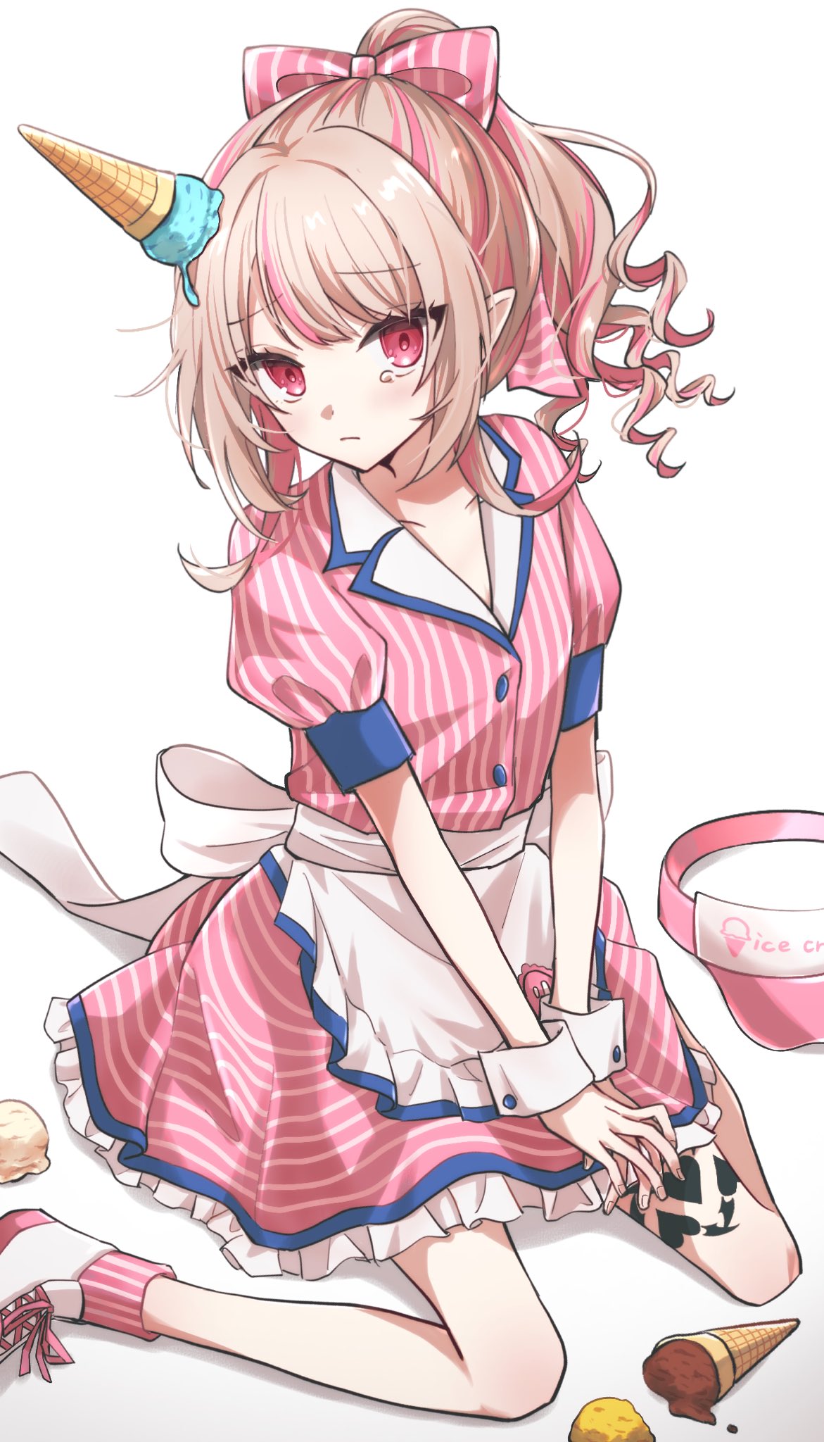makaino ririmu, nijisanji, highres, 1girl, ankle boots, ankle socks, apron, back bow, blue sleeve cuffs, blue trim, blunt bangs, blush, boots, bow, breasts, closed mouth, collarbone, colored inner hair, drill hair, drill ponytail, food, frilled skirt, frills, from above, full body, furrowed brow, grey hair, hair over shoulder, ice cream, ice cream cone, ice cream cone on head, ice cream cone spill, jacket, lapels, leg tattoo, looking at viewer, melting ice cream, multicolored hair, multiple scoops, official alternate costume, official alternate hairstyle, pink bow, pink hair, pink jacket, pink skirt, pink socks, pointy ears, puffy short sleeves, puffy sleeves, red eyes, shoelaces, short sleeves, sidelocks, simple background, sitting, skirt, small breasts, socks, solo, streaked hair, striped bow, striped clothes, striped jacket, striped skirt, striped socks, tattoo, tearing up, unworn headwear, upturned eyes, v arms, vertical-striped bow, vertical-striped clothes, vertical-striped jacket, vertical-striped socks, virtual youtuber, visor cap, waist apron, waitress, wariza, wasabinametai, white background, white boots, white bow, white wrist cuffs, winged heart, winged heart tattoo, wrist cuffs