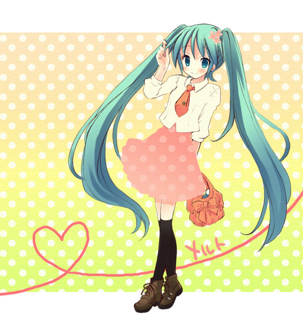 yuuma (omaeno meinichi), hatsune miku, vocaloid, 1girl, alternate costume, aqua hair, arm behind back, bag, black thighhighs, blush, bow, casual, closed mouth, cropped jacket, dress, female focus, flower, full body, hair flower, hair ornament, hand up, heart, heart of string, holding, holding bag, holding own hair, long hair, looking at viewer, necktie, orange bow, orange necktie, over-kneehighs, polka dot, polka dot background, shoes, short necktie, smile, solo, thighhighs, three-quarter sleeves, twintails, walking
