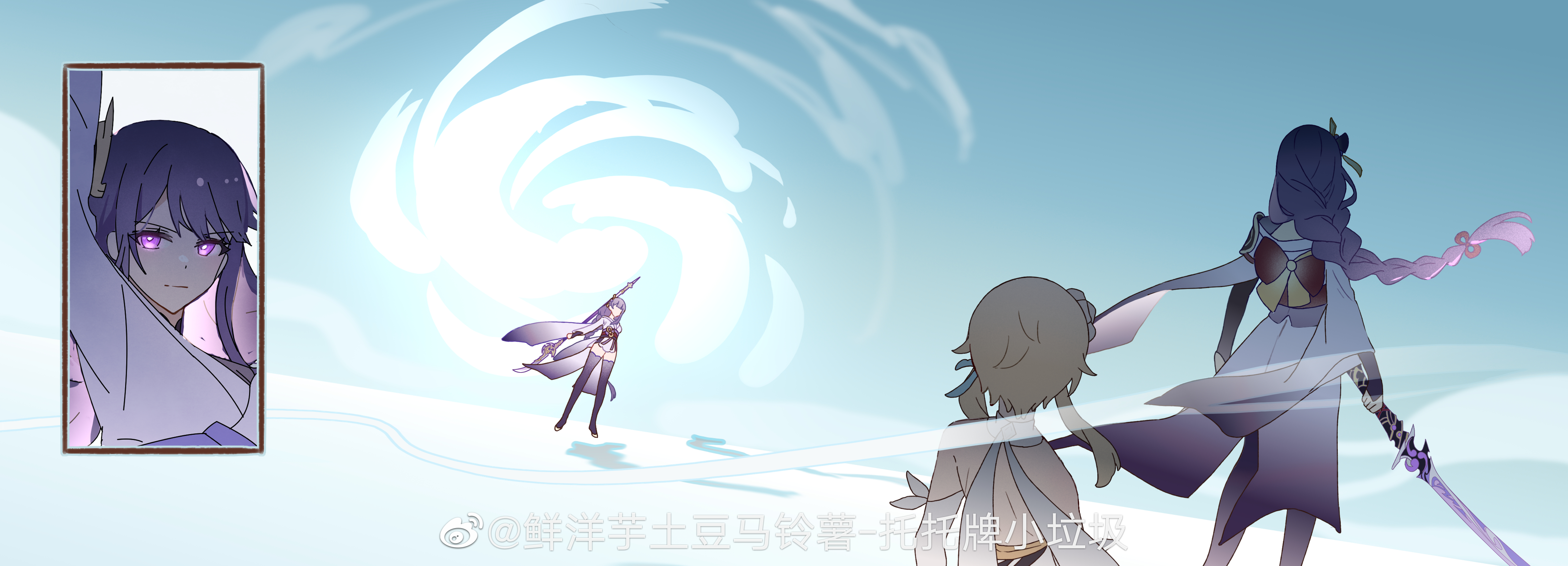 xianyangyutoumalingshu, lumine (genshin impact), raiden shogun, genshin impact, absurdres, chinese commentary, highres, spoilers, 3girls, aqua background, armor, asymmetrical sleeves, back, back bow, bare shoulders, black thighhighs, blonde hair, blunt bangs, bow, bridal gauntlets, close-up, closed mouth, dress, engulfing lightning (genshin impact), faceless, faceless female, flower, friends, from behind, full body, glowing, glowing hair, gradient background, hair flower, hair flowing over, hair ornament, hair ribbon, holding, holding polearm, holding sword, holding weapon, japanese clothes, katana, kimono, long hair, looking at viewer, mitsudomoe (shape), multicolored hair, multiple girls, musou isshin (genshin impact), off shoulder, polearm, purple eyes, purple hair, purple kimono, purple ribbon, red sash, ribbon, sash, scarf, shade, short hair, shoulder armor, standing, sword, thighhighs, tomoe (symbol), uneven sleeves, upper body, watermark, weapon, weibo watermark, white dress, white scarf