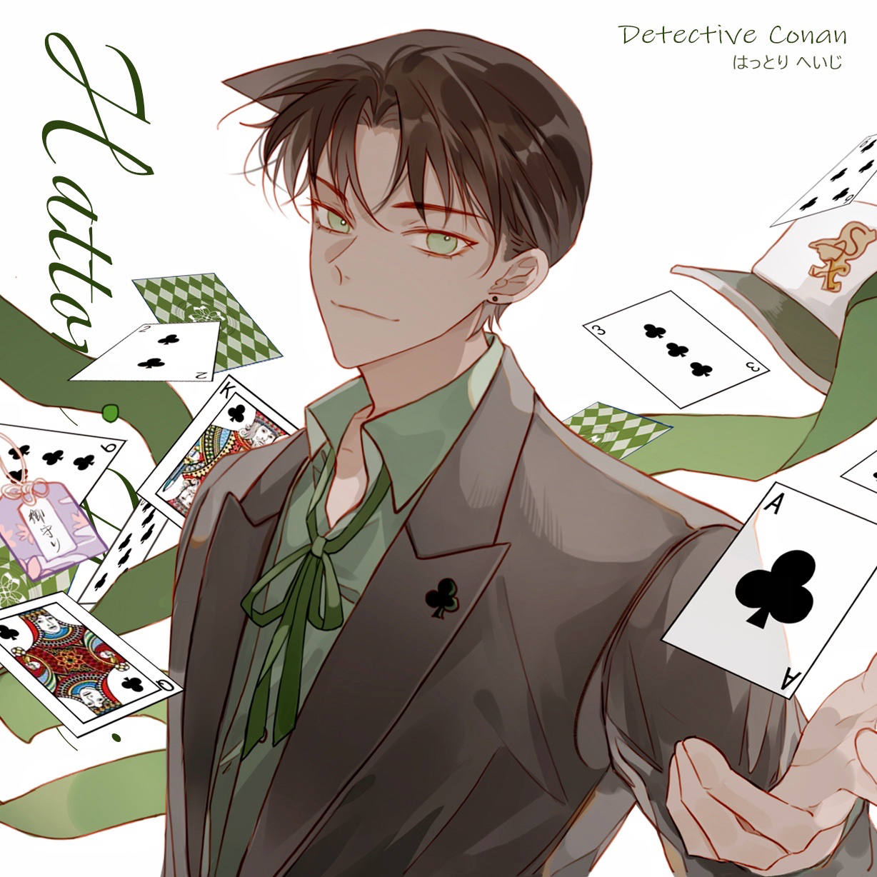 yaclelanca, hattori heiji, meitantei conan, commentary, highres, 1boy, ace (playing card), ace of clubs, baseball cap, brown hair, card, character name, closed mouth, club (shape), collared shirt, copyright name, dark-skinned male, dark skin, earrings, floating card, green eyes, green ribbon, green shirt, grey jacket, hat, jacket, jewelry, king (playing card), king of clubs, lapels, looking at viewer, male focus, neck ribbon, omamori, parted bangs, peaked lapels, playing card, queen (playing card), queen of clubs, ribbon, shirt, short hair, six of clubs, solo, three of clubs, two of clubs, unworn hat, unworn headwear, upper body