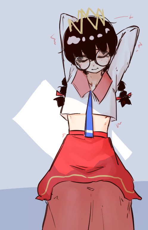 liveactors, ripple star queen, kirby (series), kirby 64, nintendo, 1girl, arms behind head, black hair, braid, closed eyes, crown, glasses, grey background, long hair, low twin braids, midriff, necktie, simple background, sketch, skirt, twin braids