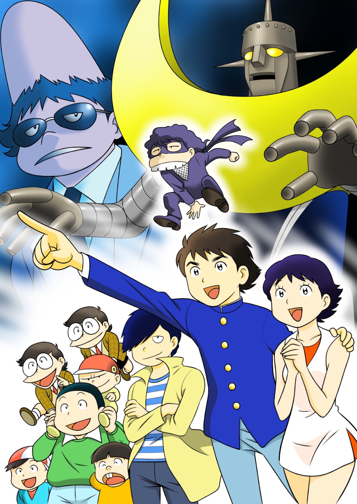 niina akihiko, the moon (character), the moon (manga), character request, commentary request, highres, 1girl, 6+boys, black hair, brown hair, buck teeth, carrying, crossed arms, everyone, eye mask, glasses, hair over one eye, hand on another's shoulder, hat, kateika (the moon), mecha, multiple boys, necktie, ongaku (the moon), open mouth, piggyback, pointing, red necktie, rika (the moon), robot, sansuu (the moon), shakai (the moon), shirt, smile, striped clothes, striped shirt, sunglasses, taisou (the moon), teeth, youchien (the moon), zukou (the moon)
