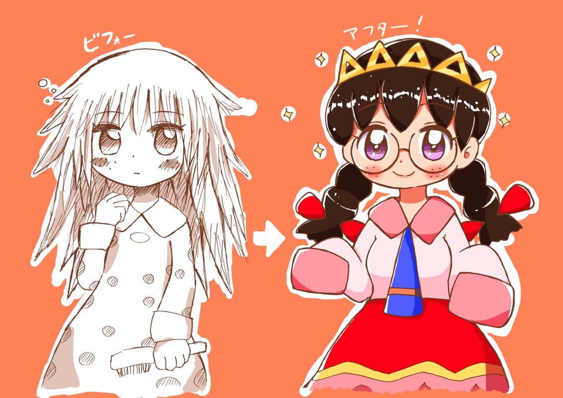 tentsuyu, ripple star queen, kirby (series), kirby 64, nintendo, 1girl, black hair, bow, braid, crown, freckles, glasses, hair bow, hair brush, holding, holding hair brush, long hair, low twin braids, messy hair, orange background, purple eyes, red bow, simple background, sketch, sleeves past fingers, sleeves past wrists, smile, twin braids