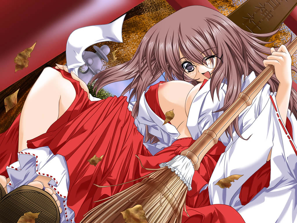 traditional clothes, artist request, character request, copyright request, 1girl, breasts, brown hair, female focus, glasses, hakama, hakama skirt, japanese clothes, kimono, large breasts, long hair, miko, naughty face, nipple slip, nipples, no bra, open clothes, open shirt, red hakama, shirt, skirt, solo