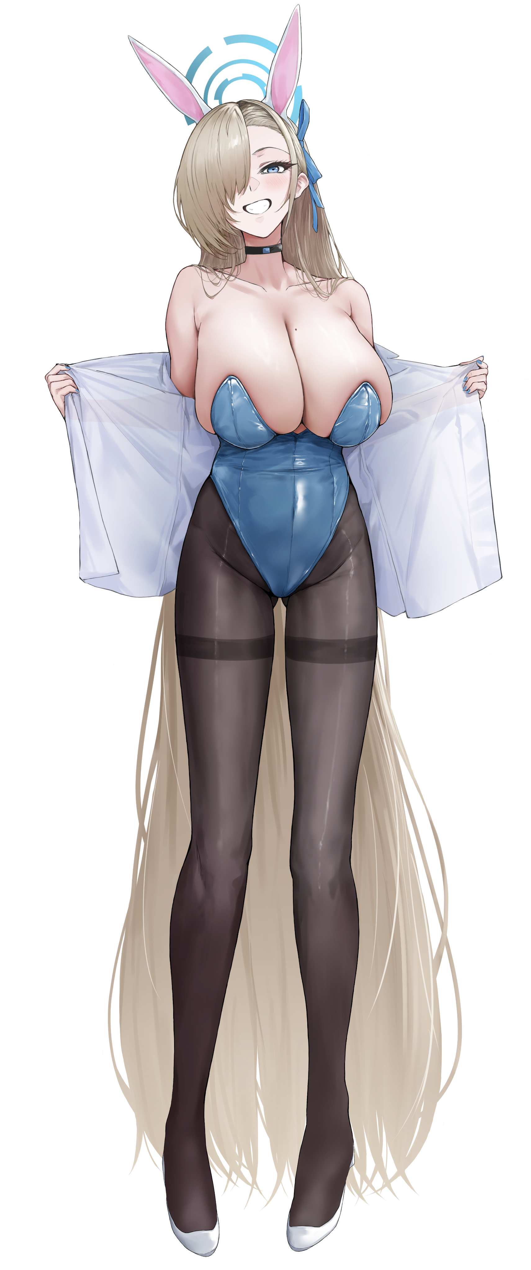 akiaki aki, asuna (blue archive), asuna (bunny) (blue archive), blue archive, absurdres, commentary request, highres, revision, 1girl, animal ears, bare shoulders, black choker, blue eyes, blue halo, blue leotard, blue ribbon, breasts, brown hair, choker, cleavage, collarbone, covered navel, detached collar, fake animal ears, full body, gloves, gluteal fold, grin, hair over one eye, hair ribbon, halo, high heels, huge breasts, leotard, long hair, looking at viewer, mole, mole on breast, navel, open clothes, open shirt, pantyhose, playboy bunny, rabbit ears, ribbon, shirt, smile, solo, standing, thighband pantyhose, thighs, very long hair, white gloves, white shirt