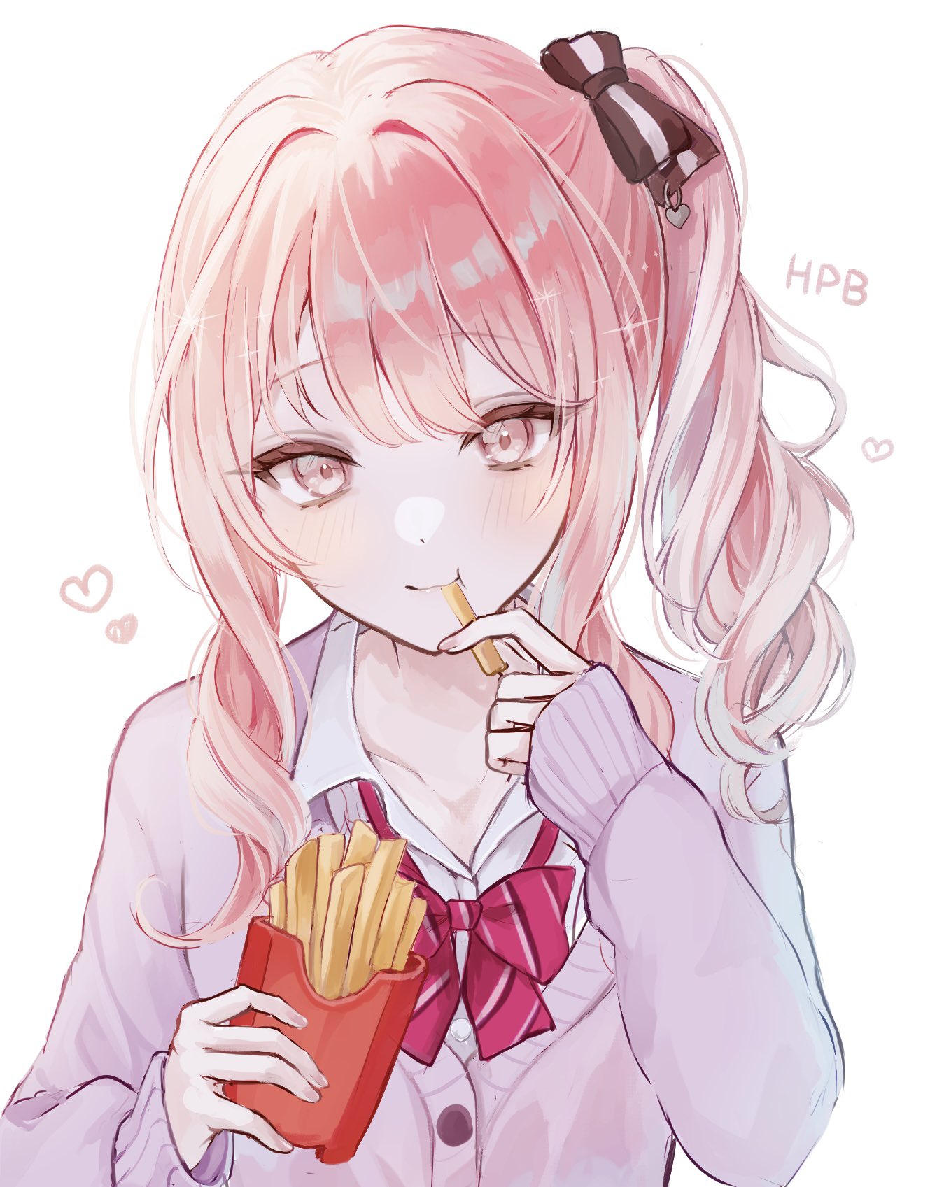 ameshi0227, akiyama mizuki, project sekai, commentary request, highres, redrawn, 1other, :3, :t, black bow, blush, bow, bowtie, buttons, cardigan, closed mouth, collarbone, collared shirt, diagonal-striped bow, diagonal-striped bowtie, diagonal-striped clothes, drill hair, eating, food, french fries, from above, hair between eyes, hair intakes, hand up, happy birthday, heart, high side ponytail, holding, holding food, kamiyama high school uniform (project sekai), long sleeves, looking at viewer, medium hair, other focus, pink eyes, pink hair, puffy long sleeves, puffy sleeves, purple cardigan, red bow, red bowtie, school uniform, shirt, side drill, sidelocks, simple background, sleeves past wrists, smile, solo, striped bow, striped bowtie, striped clothes, swept bangs, two-tone bow, upper body, white background, white bow, white shirt