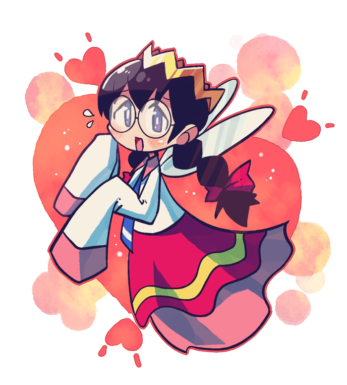 rariatto (ganguri), ripple star queen, kirby (series), kirby 64, nintendo, 1girl, black hair, blush, bow, braid, fairy, fairy wings, flying sweatdrops, hair bow, heart, long hair, looking at viewer, low twin braids, red bow, skirt, sleeves past fingers, sleeves past wrists, smile, twin braids, wings