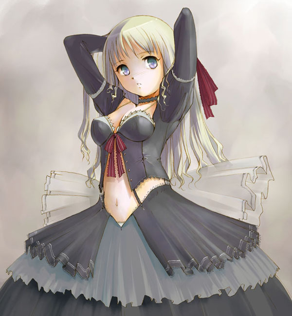 yurikuta tsukumi, original, bad id, bad pixiv id, black theme, blonde hair, blue eyes, dress, gothic lolita, lolita fashion, midriff, solo