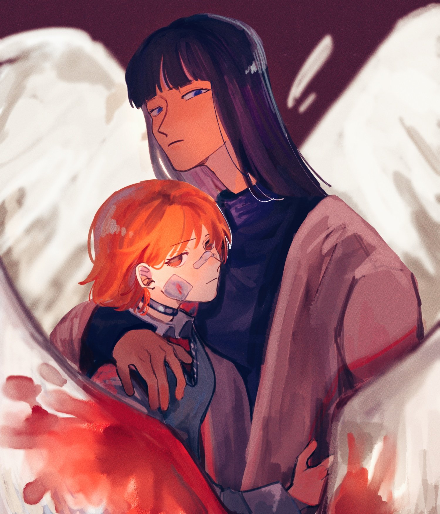 yingchencat, nami (one piece), nico robin, one piece, chinese commentary, commentary request, highres, 2girls, bandaid, bandaid on face, bandaid on nose, black hair, blood, bloody wings, blue eyes, blunt bangs, choker, closed mouth, hug, long hair, looking at viewer, multiple girls, orange eyes, orange hair, upper body, wings