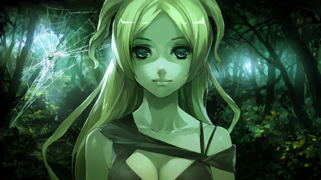 original, 1girl, bare shoulders, black eyes, blonde hair, breasts, bug, cleavage, dress, expressionless, female focus, forest, long hair, nature, silk, smile, solo, spider, spider web