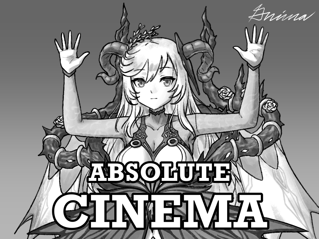 grimaisbestwaifu, freyja (fire emblem), fire emblem, fire emblem heroes, nintendo, 1girl, absolute cinema (meme), bare shoulders, breasts, cleavage, curled horns, dress, english text, goat horns, greyscale, hand up, horns, large breasts, layered dress, long hair, looking at viewer, meme, monochrome, solo, thorns, upper body