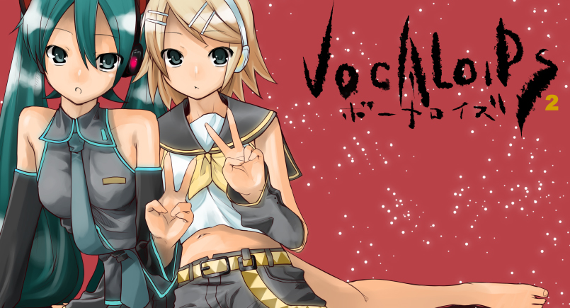 yada ei, hatsune miku, kagamine rin, vocaloid, barefoot, blonde hair, green hair, long hair, midriff, school uniform, serafuku, short hair, twintails, v