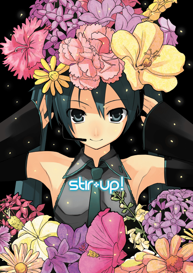 yada ei, hatsune miku, vocaloid, 1girl, armpits, arms up, carnation, detached sleeves, female focus, flower, green eyes, green hair, hair flower, hair ornament, hands on headphones, headphones, headset, hibiscus, long hair, matching hair/eyes, smile, solo, twintails, upper body
