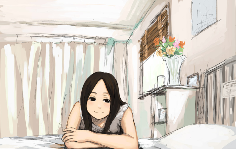 tamaru tokihiko, original, tagme, bed, black hair, lying, smile, solo