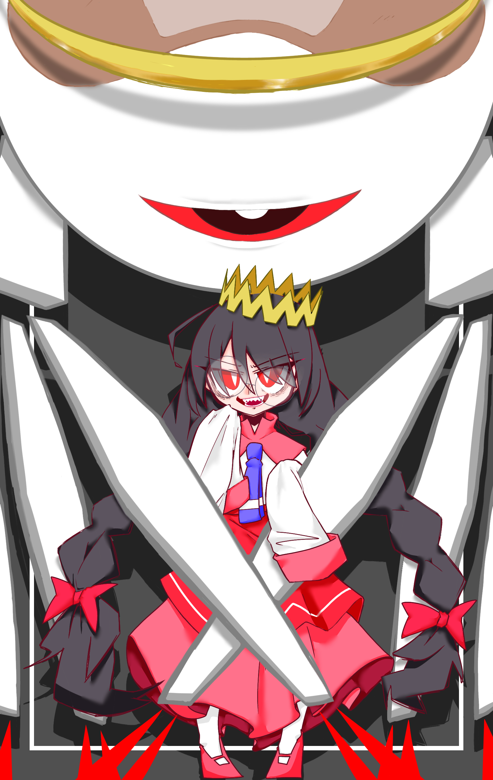 kotori (kotori 501061), ripple star queen, zero two (kirby), kirby (series), kirby 64, nintendo, absurdres, highres, 1girl, black hair, bow, braid, crown, evil smile, glasses, hair bow, halo, long hair, looking at viewer, low twin braids, pink skirt, possessed, red bow, red eyes, sharp teeth, skirt, smile, teeth, twin braids, very long hair