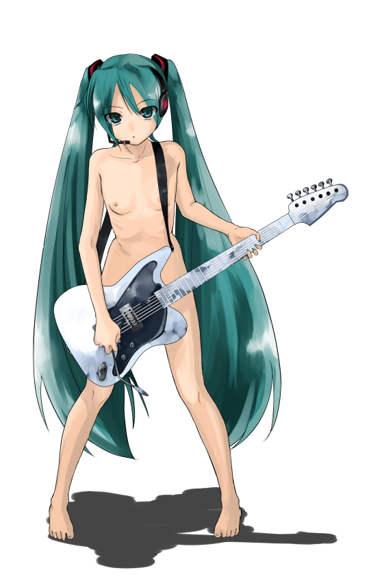 yada ei, hatsune miku, vocaloid, 1girl, barefoot, breasts, censored, completely nude, convenient censoring, feet, female focus, flat chest, green eyes, green hair, guitar, instrument, long hair, matching hair/eyes, microphone, nipples, nude, ribs, skinny, solo, twintails, very long hair