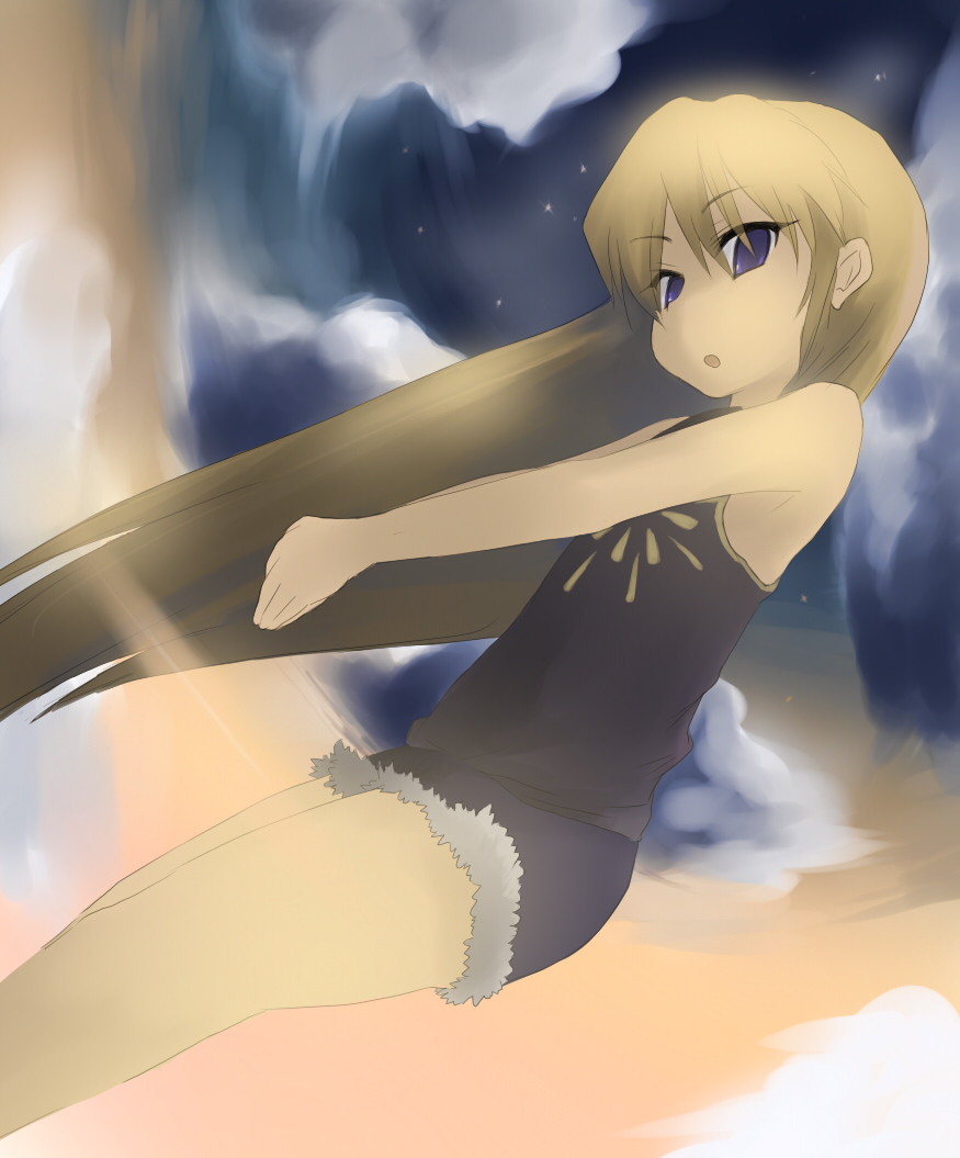 atahuta, rebecca miyamoto, original, pani poni dash!, bad id, bad pixiv id, 00s, 1girl, blonde hair, blue eyes, child, female focus, long hair, open mouth, short shorts, shorts, solo, tank top