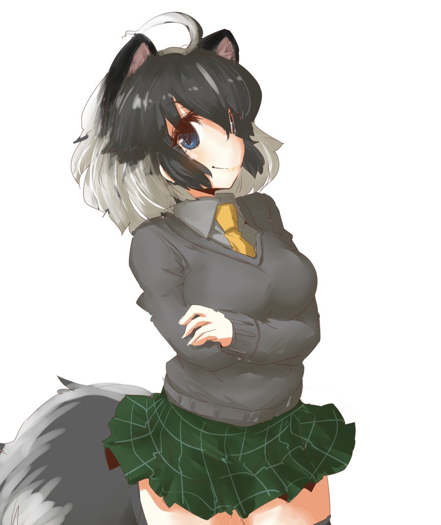 tikano, striped skunk (kemono friends), kemono friends, commentary request, 1girl, ahoge, black hair, blue eyes, breasts, closed mouth, collared shirt, cowboy shot, crossed arms, green skirt, grey shirt, grey sweater, hair between eyes, large breasts, light blush, long sleeves, looking at viewer, multicolored hair, necktie, shirt, short hair, simple background, skirt, skunk ears, skunk girl, skunk tail, smile, solo, sweater, tail, thighhighs, two-tone hair, white background, white hair, yellow necktie, zettai ryouiki