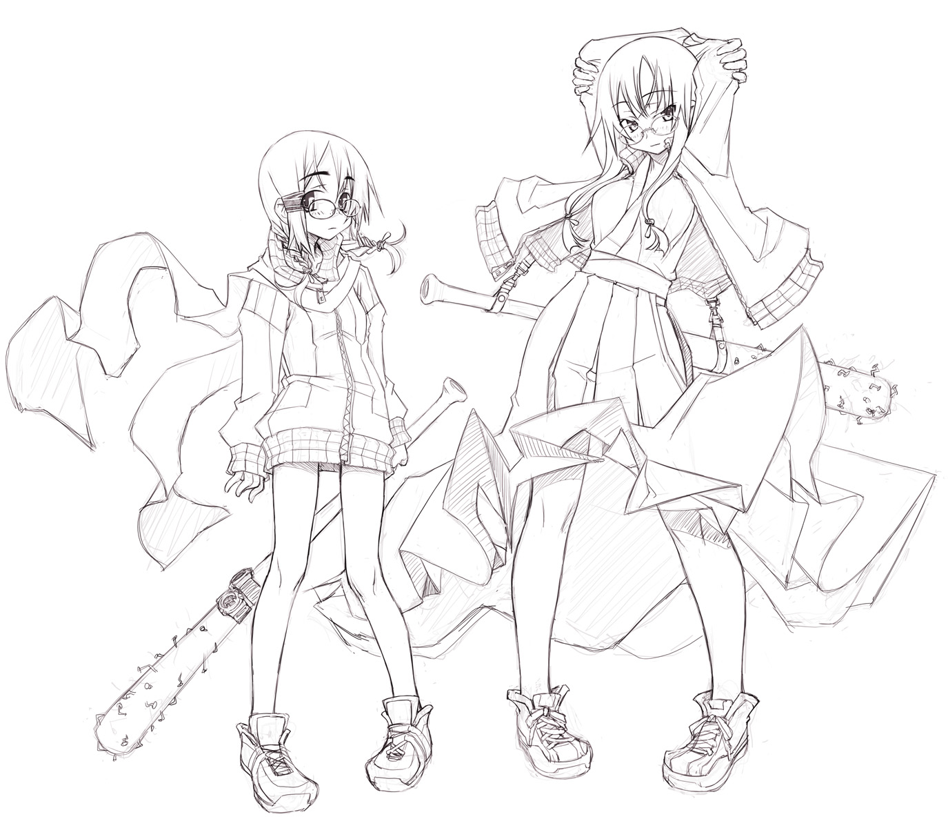 sakuya tsuitachi, original, highres, baseball bat, glasses, greyscale, legs, monochrome, nail (hardware), nail bat, scarf, sketch, weapon